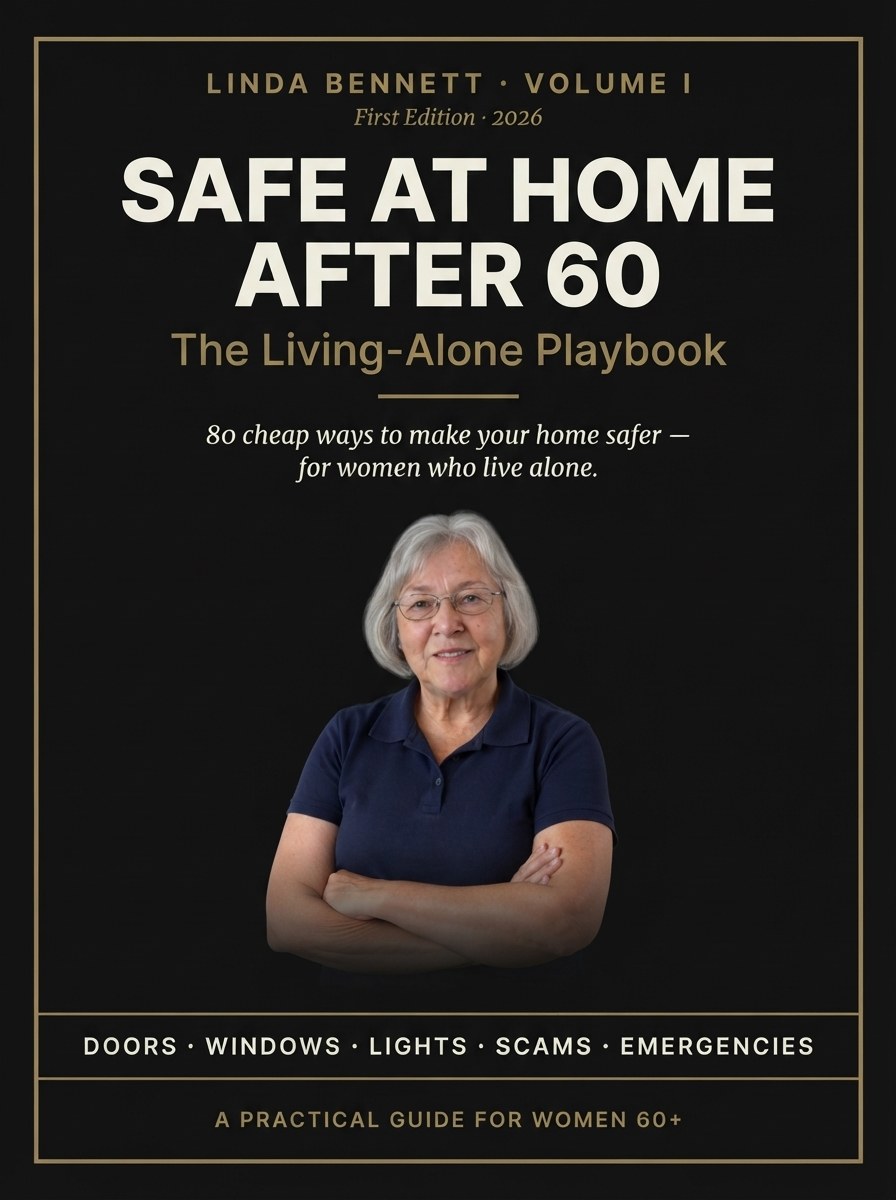 Cover of Safe at Home After 60, The Living-Alone Playbook, by Linda Bennett, with her photo.