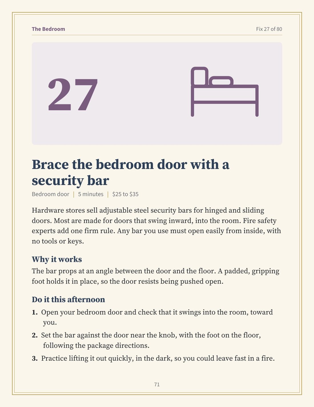 Page 71: the first page of fix 27, Brace the bedroom door with a security bar.