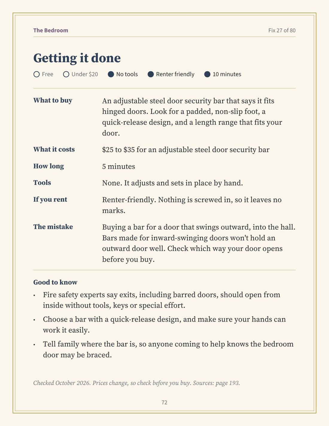 Page 72: the planning page for fix 27, with what to buy, cost, time and tools.